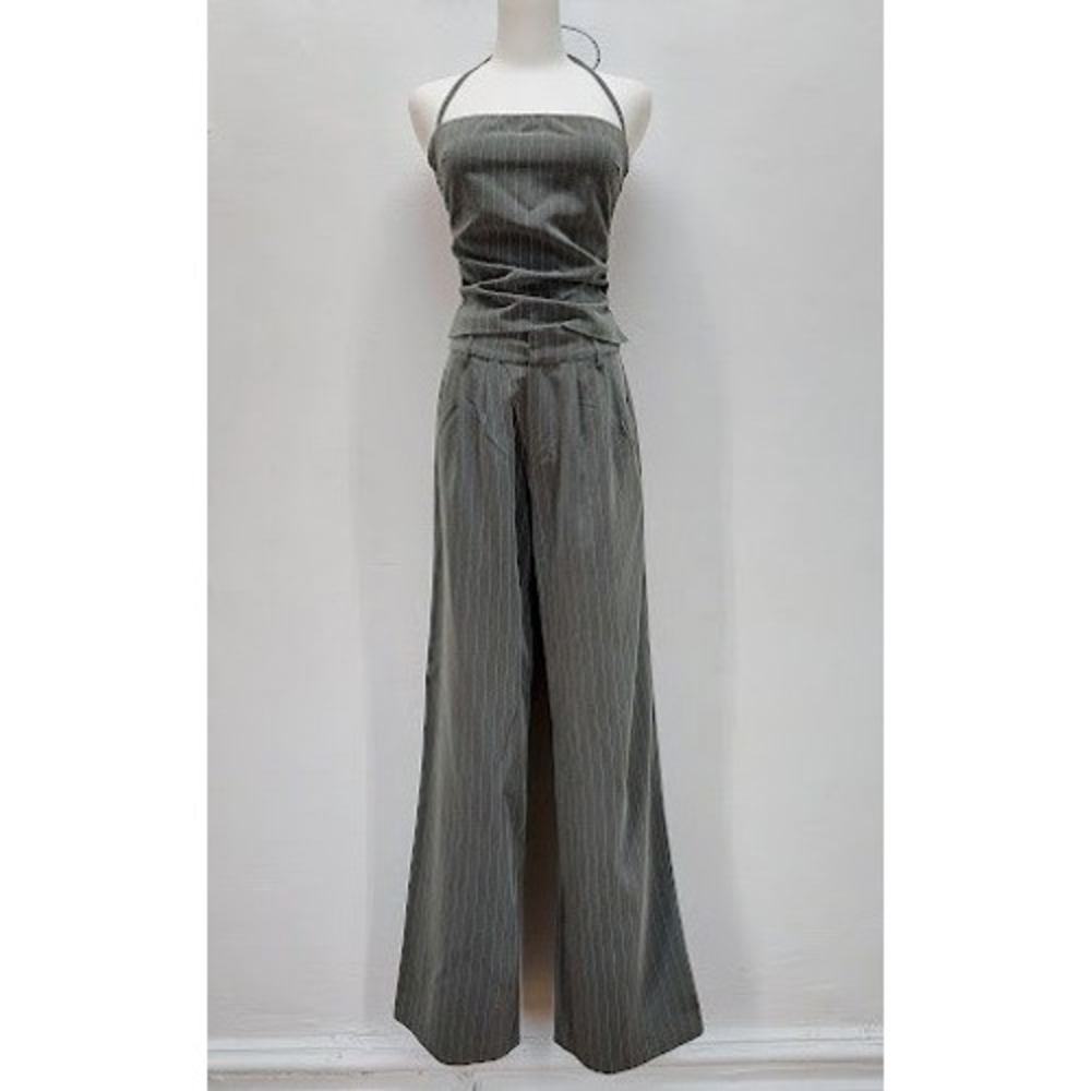 Tiger Mist Pinstripe Pant Set Women's Small Gray Halter Top Wide Leg Y2K Siren